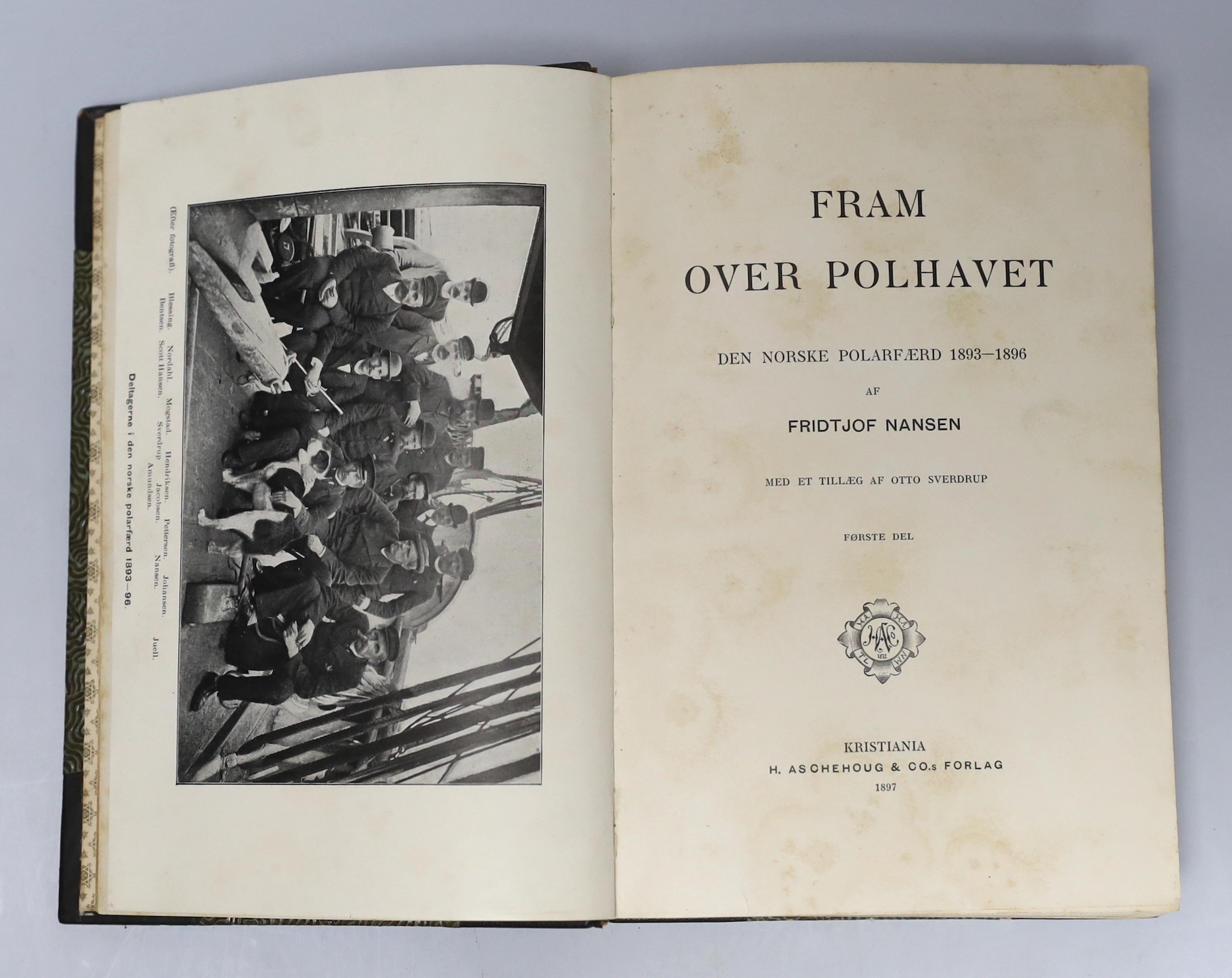 Nansen, Fridtjof - Fram over Polhavet: den Norske Polarfaerd 1893-1896. 2 vols. photogravure portrait, 42 plates (3 coloured and folded) and 3 coloured and folded maps; contemp. half morocco and cloth, patterned e/ps. Kr